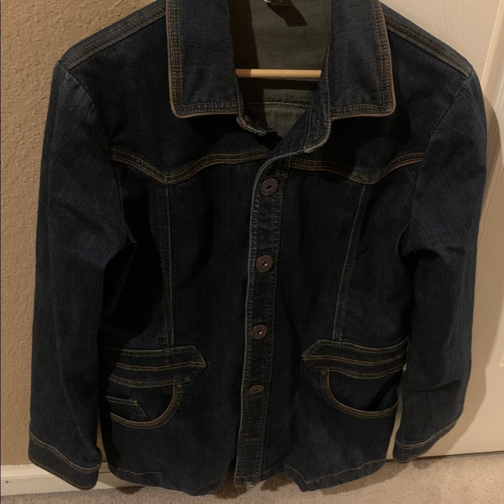 Denim Coat Long Sleeve Button Up Designer Jean Jacket Excellent Condition